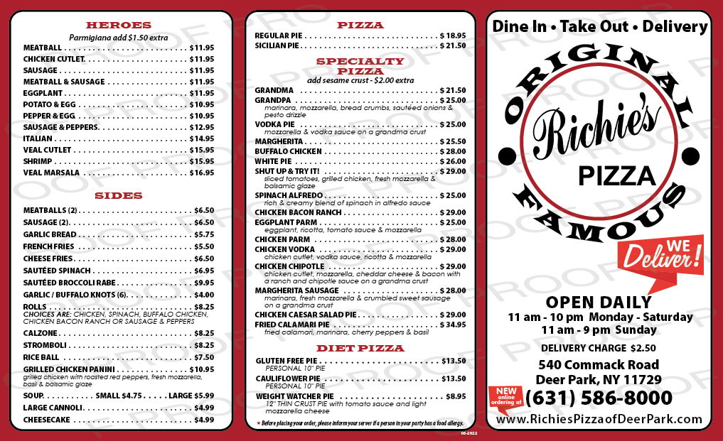Richie's Pizza of Deer Park Catering Menu
